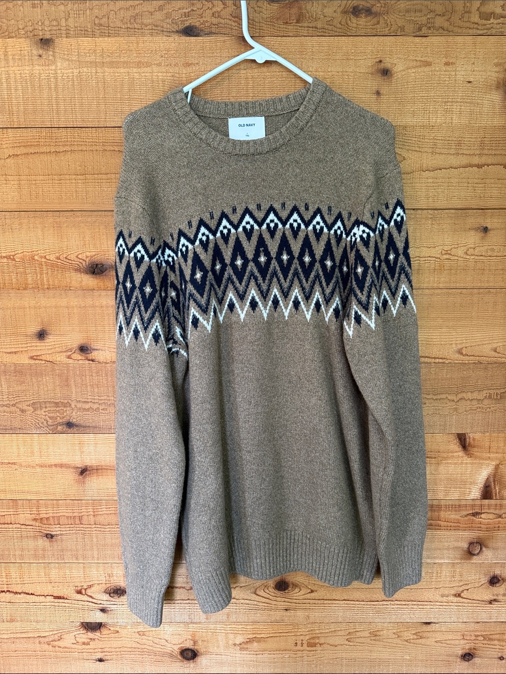 Old Navy Men's Tan Crewneck Sweater with Navy & White Fair Isle Yoke